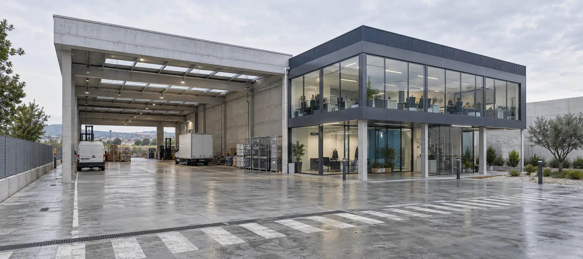 Base operativa contemporánea con nave de trabajo y volumen acristalado de oficinas