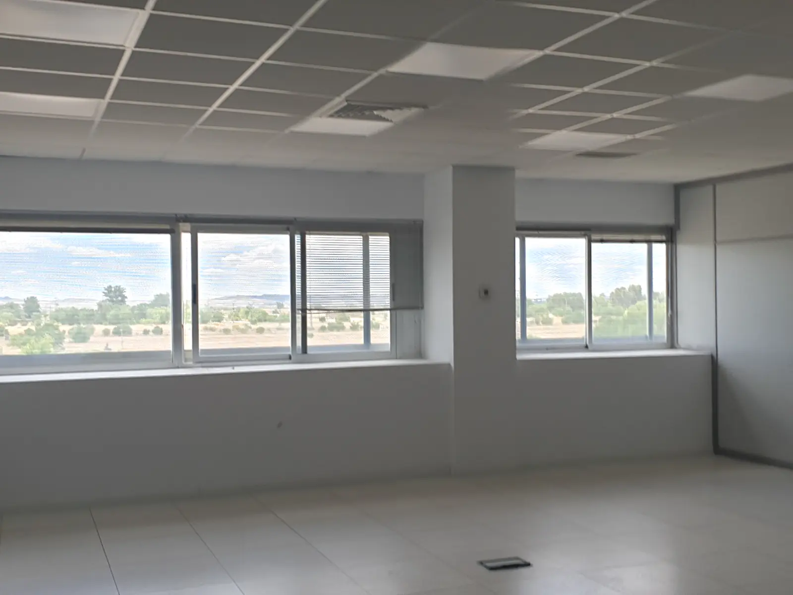 Oficinas de nave logística con ventanas hacia la campa y falso techo registrable