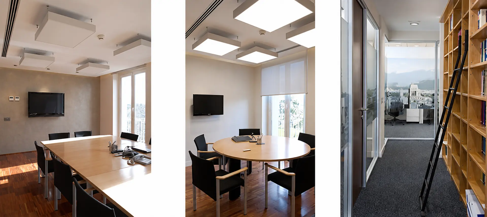 Tres vistas del mismo proyecto de oficinas: salas de reuniones con mesas de madera e iluminación suspendida, y biblioteca junto a despachos acristalados